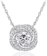 .925 Sterling Silver Round Cubic Zirconia Pinwheel Spiral Double Halo Pendant Necklace with 18