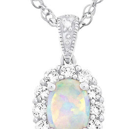 .925 Sterling Silver, Oval Shaped Lab Created White Opal Cabochon & Lab Created White Sapphire Halo Pendant Necklace with Delicate Rope Chain - 18”