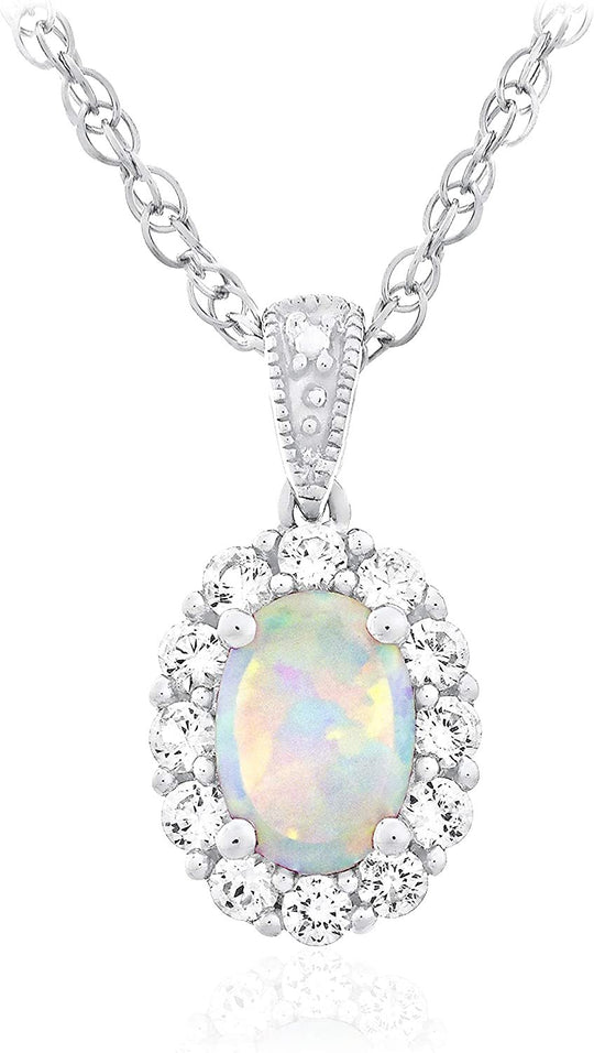 .925 Sterling Silver, Oval Shaped Lab Created White Opal Cabochon & Lab Created White Sapphire Halo Pendant Necklace with Delicate Rope Chain - 18”