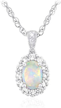.925 Sterling Silver, Oval Shaped Lab Created White Opal Cabochon & Lab Created White Sapphire Halo Pendant Necklace with Delicate Rope Chain - 18”