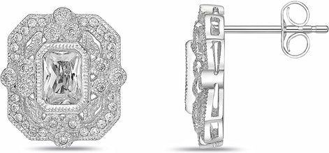 .925 Sterling Silver Emerald & Round Cut White Cubic Zirconia Milgrain Bezel Vintage Reproduction Geometric Stud Earrings