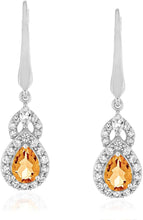 Sterling Silver Teardrop Birthstone & Lab Grown White Sapphire or CZ Art Deco Drop Hinged Latch Back Dangle Earrings - Choice of Gem Color/Month