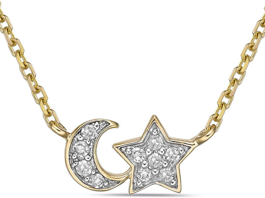 10K Yellow Gold 1/20 Cttw Diamond Accented Star and Crescent Moon Celestial Pendant Necklace with Cable Chain - 20” (H-I Color, I1-I2 Clarity)