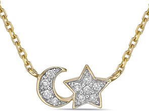 10K Yellow Gold 1/20 Cttw Diamond Accented Star and Crescent Moon Celestial Pendant Necklace with Cable Chain - 20” (H-I Color, I1-I2 Clarity)