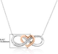 Two Tone 14K Rose Gold Plated .925 Sterling Silver 1/10 Cttw Diamond Infinity Knot Heart Pendant Necklace on 18