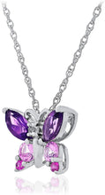 .925 Sterling Silver, Marquise Cut Purple Amethyst & Created Pink and White Sapphire Butterfly Pendant Necklace with Rope Chain - 20”