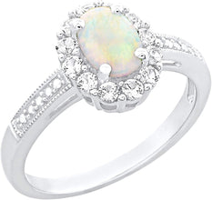 .925 Sterling Silver, Oval Shaped Lab Created White Opal Cabochon & Lab Created White Sapphire Halo Milgrain Edged Engagement Ring