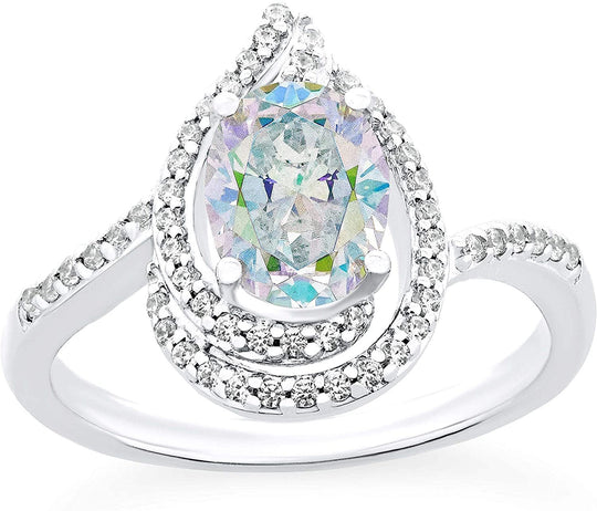 .925 Sterling Silver Oval Cut Aurora Borealis Cubic Zirconia & White Cubic Zirconias Pear Shape Engagment Ring