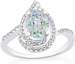 .925 Sterling Silver Oval Cut Aurora Borealis Cubic Zirconia & White Cubic Zirconias Pear Shape Engagment Ring