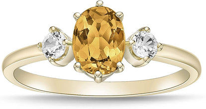 14K Yellow Gold Plated .925 Sterling Silver Oval Cut Birthstone & Created White Sapphire Three Stone Engagement Ring - Choice of Birthstone/Month