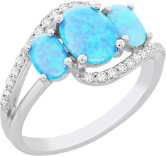 .925 Sterling Silver, Oval Lab Grown Blue Opal Cabochons & Lab Grown White Sapphire Faux Bypass 3 Stone Split Shank Statement Ring