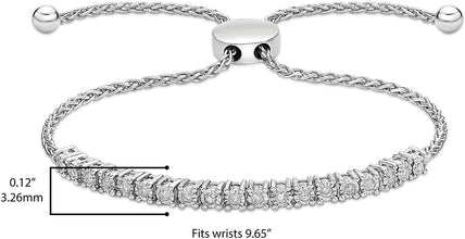 .925 Sterling Silver & 1/4 Cttw Diamond Miracle Set Links Wheat Chain Adjustable Bolo Bracelet - 6”-9-3/5” (I-J Color, I2-I3 Clarity)