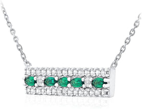 .925 Sterling Silver Lab Grown Emerald and Lab Grown White Sapphire Three Row Bar Necklace