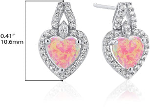.925 Sterling Silver Heart Shape Lab Created Pink Opal Stud Earrings with Lab Created White Sapphires