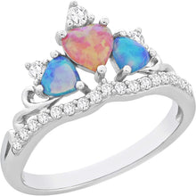 .925 Sterling Silver, Heart Cut Lab Grown Pink and Blue Opal Cabochons & Lab Grown White Sapphire Heart Tiara Crown Statement Fashion Ring