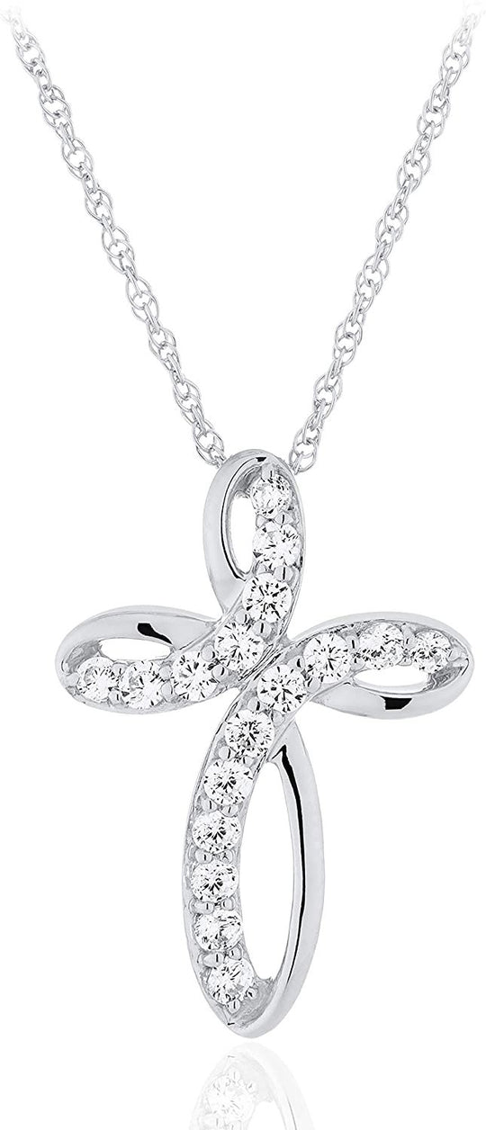 .925 Sterling Silver Cubic Zirconia Infinity Loop Cross Pendant Necklace with 18" Rope Chain