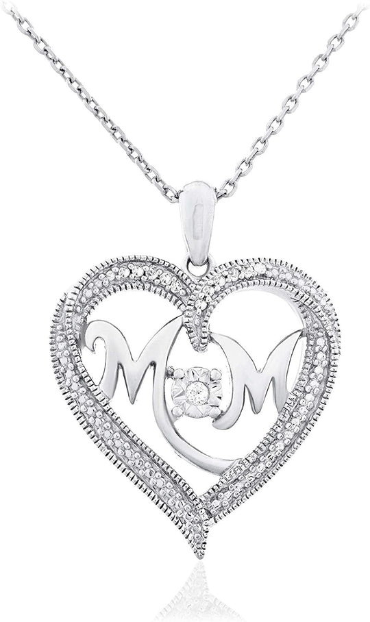 .925 Sterling Silver Diamond Accented 'MOM' Heart Shaped Pendant Necklace on 18" Cable Chain (I-J, I2-I3)