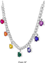.925 Sterling Silver Created Ruby, Emerald, Padparadscha, Yellow, Blue and White Sapphire, and Amethyst Rainbow Dangling Stone Tennis Necklace - 18