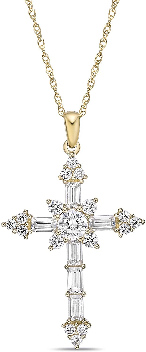 10K Yellow Gold & Round and Baguette Cut White Cubic Zirconia Cross Botonnée Pendant Necklace with Rope Chain - 20”