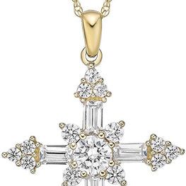 10K Yellow Gold & Round and Baguette Cut White Cubic Zirconia Cross Botonnée Pendant Necklace with Rope Chain - 20”
