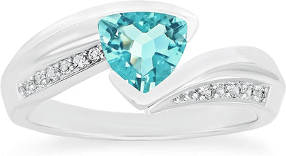 .925 Sterling Silver Trillion-Cut Birthstone & Lab Grown White Sapphire or CZ Double Shank Bypass Style Fashion Ring - Choice of Gem Color/Month