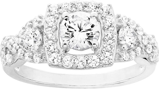 .925 Sterling Silver Round Brilliant Cut Cubic Zirconia Cushion Halo Three Stone Infinity Twist Engagement Ring