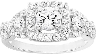 .925 Sterling Silver Round Brilliant Cut Cubic Zirconia Cushion Halo Three Stone Infinity Twist Engagement Ring