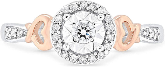 14K Rose Gold Plated .925 Sterling Silver 1/5 Cttw Diamond Miracle Set Round Halo and Hearts Promise Ring (I-J Color, I2-I3 Clarity)