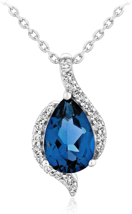 .925 Sterling Silver Pear Shape Created Blue Sapphire and Round White Sapphire Bypass Pendant Necklace - 18"