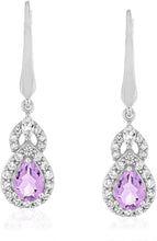 Sterling Silver Teardrop Birthstone & Lab Grown White Sapphire or CZ Art Deco Drop Hinged Latch Back Dangle Earrings - Choice of Gem Color/Month