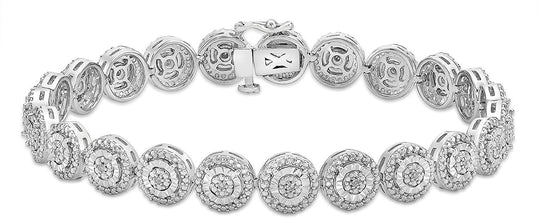 .925 Sterling Silver 1/10 Cttw Diamond Miracle Set Cluster Links with Silver Studs and Halo Tennis Bracelet (I-J Color, I2-I3 Clarity) - 7-1/4"