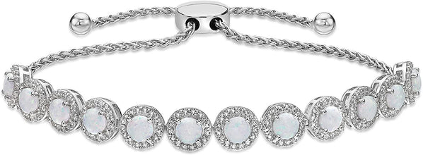 .925 Sterling Silver, Lab Grown Opal Cabochon & Lab Grown White Sapphire Round Halo Links Adjustable Bolo Bracelet - 6”-9-1/2” - Choice of Opal Color