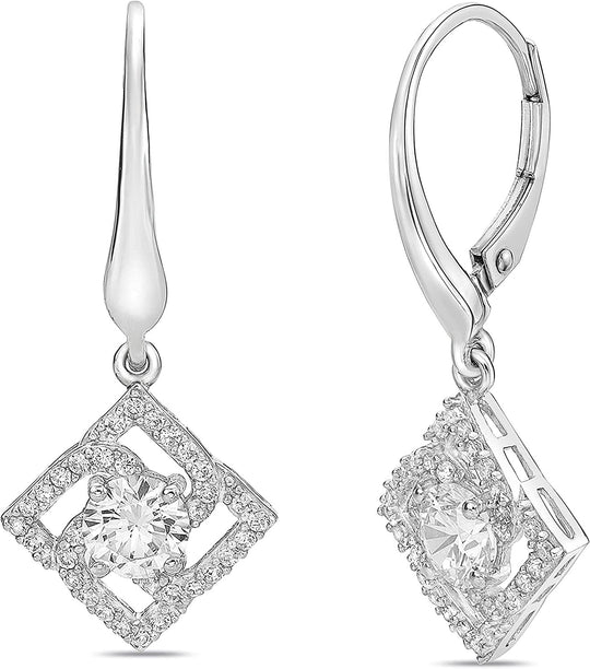 .925 Sterling Silver Round Cut Cubic Zirconia Square Halo Leverback Dangle Earrings