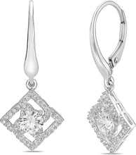 .925 Sterling Silver Round Cut Cubic Zirconia Square Halo Leverback Dangle Earrings