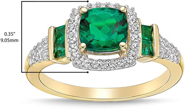 10K Yellow Gold, Cushion and Princess Cut Lab Created Gemstone & Lab Created White Sapphire Halo Fluted Engagement Ring - Choice of Color