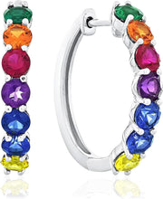 .925 Sterling Silver Lab Grown Sapphire Multicolored Rainbow Hoop Earrings