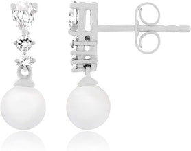 .925 Sterling Silver 6mm Freshwater Cultured Pearl and Lab Grown White Sapphire Elegant Drop Dangle Earrings
