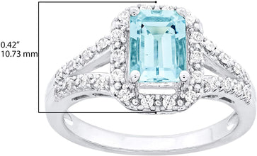 .925 Sterling Silver, Emerald Cut Blue Aquamarine & Cubic Zirconia Halo Tapered Split Shank Engagement Ring