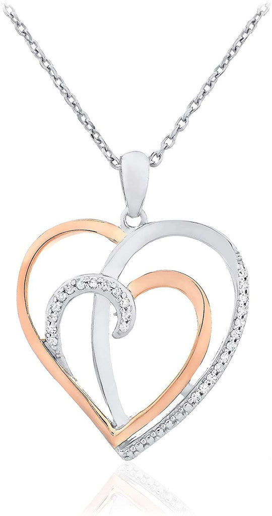 14K Rose Gold Plated .925 Sterling Silver 1/10 Cttw Diamond Two Overlapping Open Hearts Pendant Necklace - 20” (I-J Color, I2-I3 Clarity)