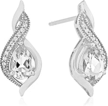.925 Sterling Silver Pear-Shaped Birthstone & Lab-Grown White Sapphire or CZ Milgrain Twist Stud Drop Earrings - Choice of Gem Color/Month