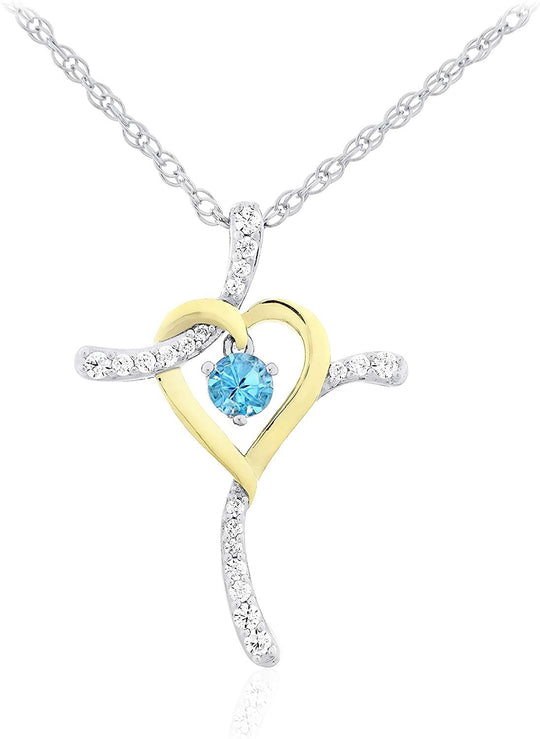 Two Tone 14K Yellow Gold Plated .925 Sterling Silver, Dangling Gemstone & Lab Grown White Sapphire Heart Cross Pendant Necklace 20” - Choice of Color