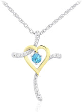 Two Tone 14K Yellow Gold Plated .925 Sterling Silver, Dangling Gemstone & Lab Grown White Sapphire Heart Cross Pendant Necklace 20” - Choice of Color
