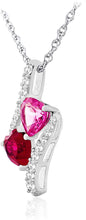 .925 Sterling Silver, Heart Cut Lab-Grown Ruby and Lab-Grown Pink Sapphire & Lab-Grown White Sapphire Bypass Style Hearts Pendant Necklace - 18”