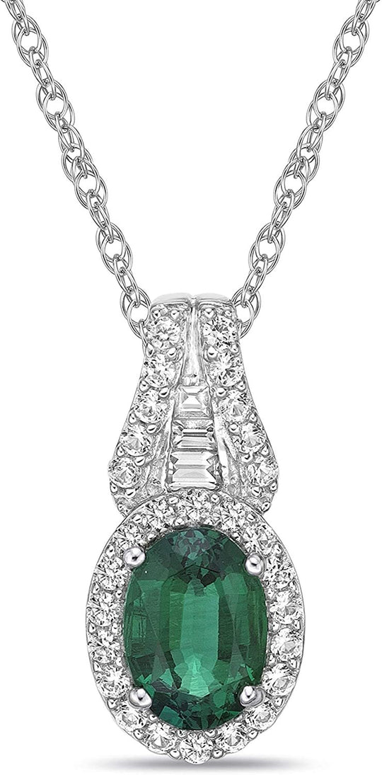 .925 Sterling Silver, Lab-Grown Oval Cut Gemstone & Round + Baguette Cut Lab-Grown White Sapphire Halo 18” Pendant Necklace - Choice of Gem Color