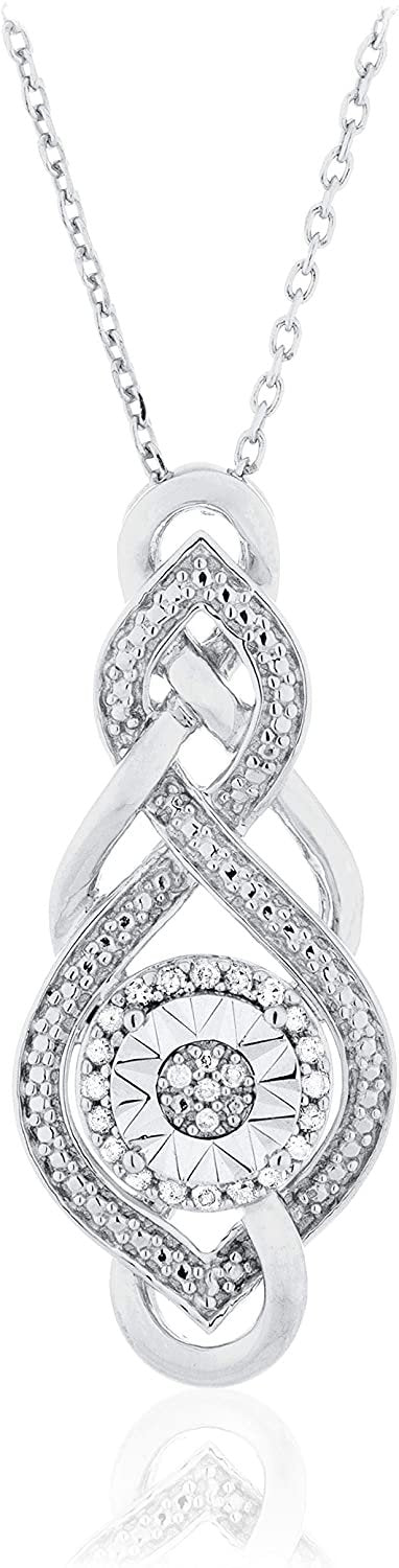 .925 Sterling Silver 1/10 Cttw Diamond Interwoven Twist Miracle Plate Cluster Halo Pendant Necklace with Cable Chain - 18” (I-J Color, I2-I3 Clarity)