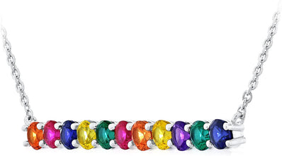 .925 Sterling Silver Lab Grown Sapphire Multicolored Rainbow Bar Necklace