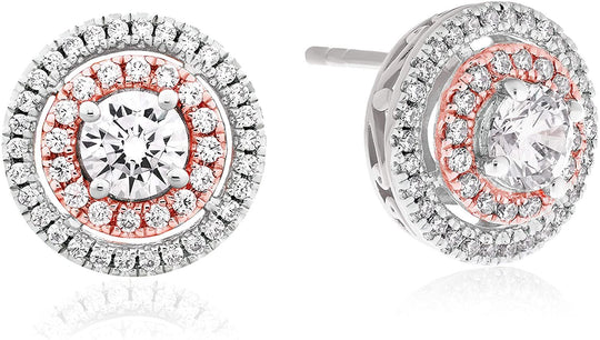 14K Rose Gold Plated .925 Sterling Silver Two Toned Cubic Zirconia Double Halo Round Pushback Stud Earrings