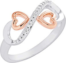 Two Tone 14K Rose Gold Plated .925 Sterling Silver Diamond Accented Infinity Knot with Hearts Promise Ring (I-J Color, I2-I3 Clarity)