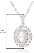 .925 Sterling Silver, 8-8.5mm Oval Freshwater Cultured White Pearl & Trapezoid Shaped Lab-Grown White Sapphire Halo Drop Pendant Necklace - 20”