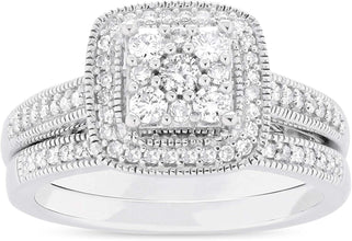 .925 Sterling Silver 1/2 Cttw Diamond Square Cluster Halo Milgrain Engagement Ring & Wedding Band Bridal Set (H-I Color, I1-I2 Clarity)
